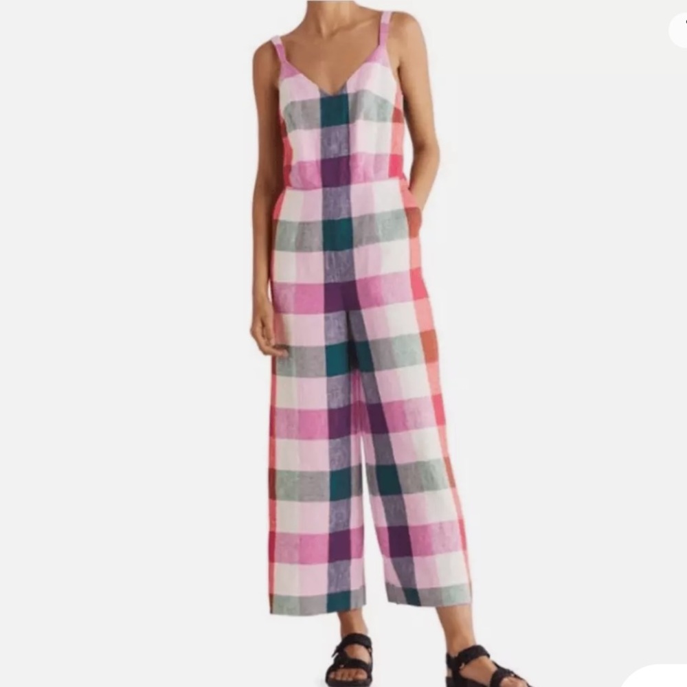 NWT Boden Lola Plaid Linen Jumpsuit Bonbon Pink 6